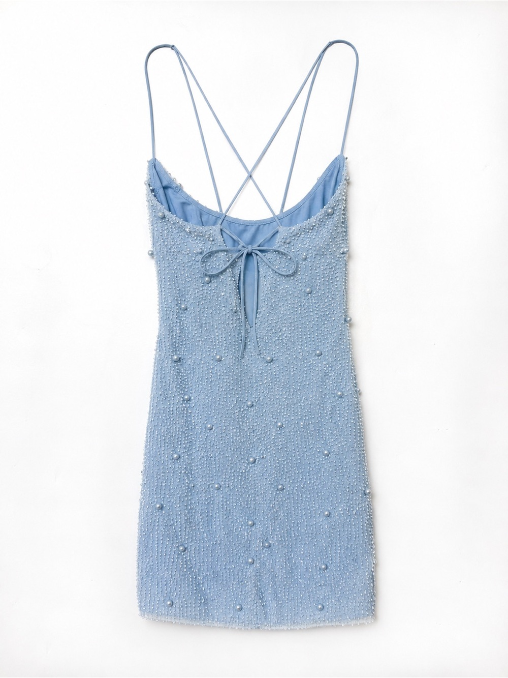 Oh Polly Light Blue Pearl Cowl Neck Beaded Mini Dress Size 4 - Picture 4 of 6